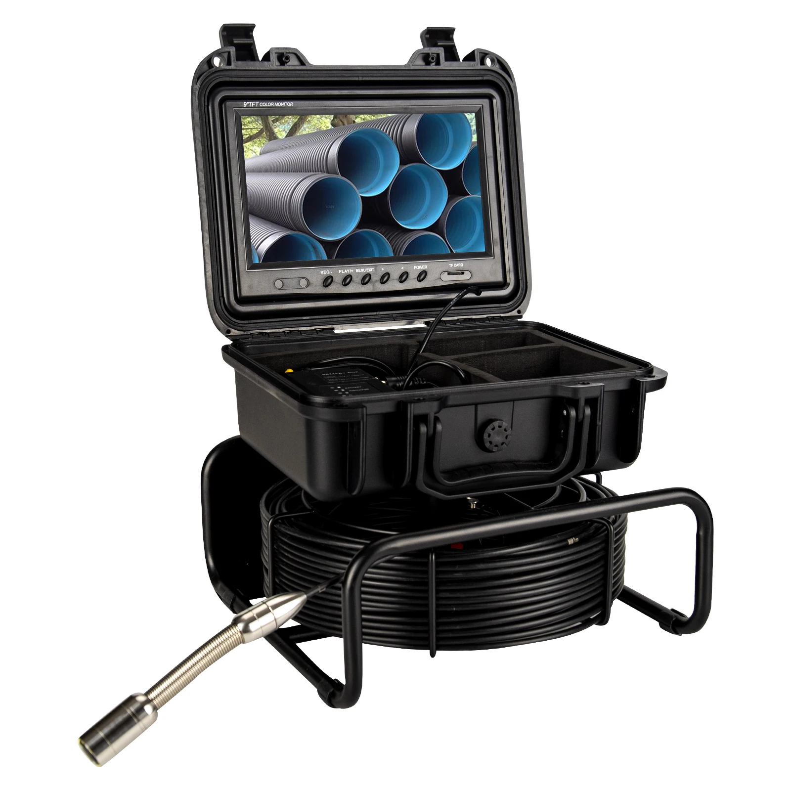 Camersă de detecție pentru conducte, 9 inch, ecran color 1080P, camersă video pentru conducte, diametru 23 mm, cu 12 lumini albe puternice