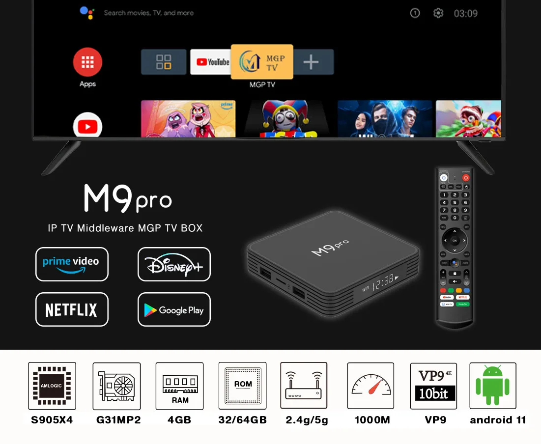 High Quality Android Tv Box M9 Pro ATV 4G 64G Android 11 Amlogic S905X4 1000M Lan Stal-ker Internet Smart Tv Voice Remote
