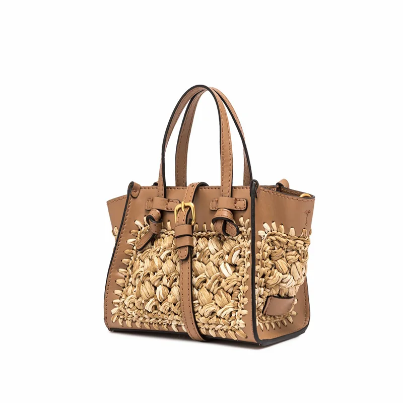 Designer Customized Hand-woven Lafite Dumplings Ms. Tote Shoulder Bag Drawstring Bucket Portable Handbag for Holiday Beach.