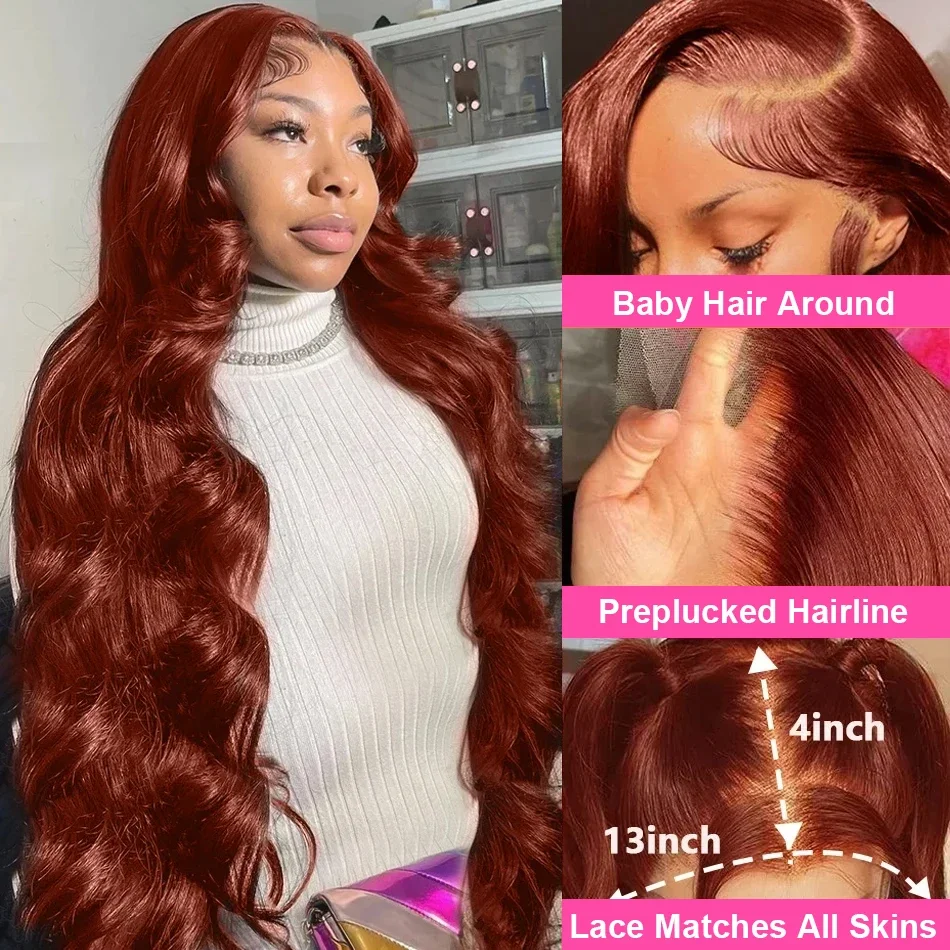 250 % brasilianische 30 32 Zoll rötlich-braune Body Wave Lace Front Perücke Echthaar Wasserwelle HD Lace Frontal Perücken für Frauen_voghion.com