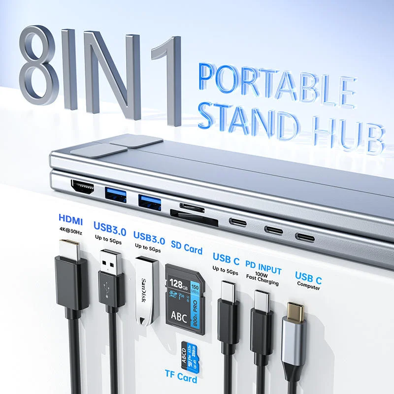 Welcome OEM Order, Factory Whole Selling Portable Laptop Stand 8 Ports Usb C Hub Hd 4k Usb3.0 Multifunction 8 In 1 Laptop Notebook Holder Riser Stand - Buy 8 In 1 Usb C Hub 4k Hdtv Usb 3.0 Sd/tf Card Reader 3.5mm Audio Jack And Gigabit Ethernet Port Type-c Docking Station usb C Hub Docking Station Aluminum Laptop Stand new Multifunction Type-c To Hd-mi Vga 9-in-1 Docking Station Usb C Hub With Base Mobile Phone Smart Adapter Wireless Charger
