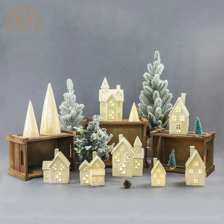 2022 new design Christmas Decoration Ceramic LED Light House with Battery Operated Warm Decorative Village Home Party