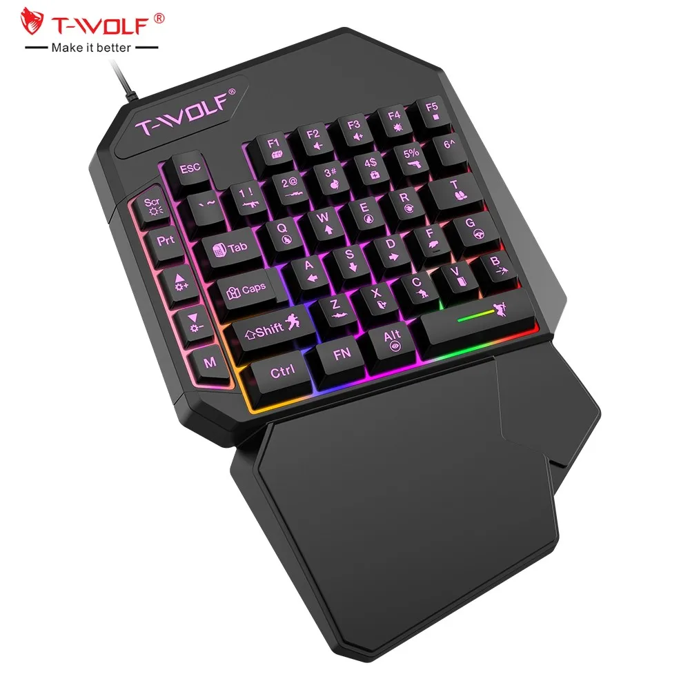 T-WOLF T19 Teclado gaming con cable RGB: teclado gaming ergonómico con retroiluminación para macros, incluye soporte para las palmas de las manos. Compatible con ordenadores y teléfonos móviles.