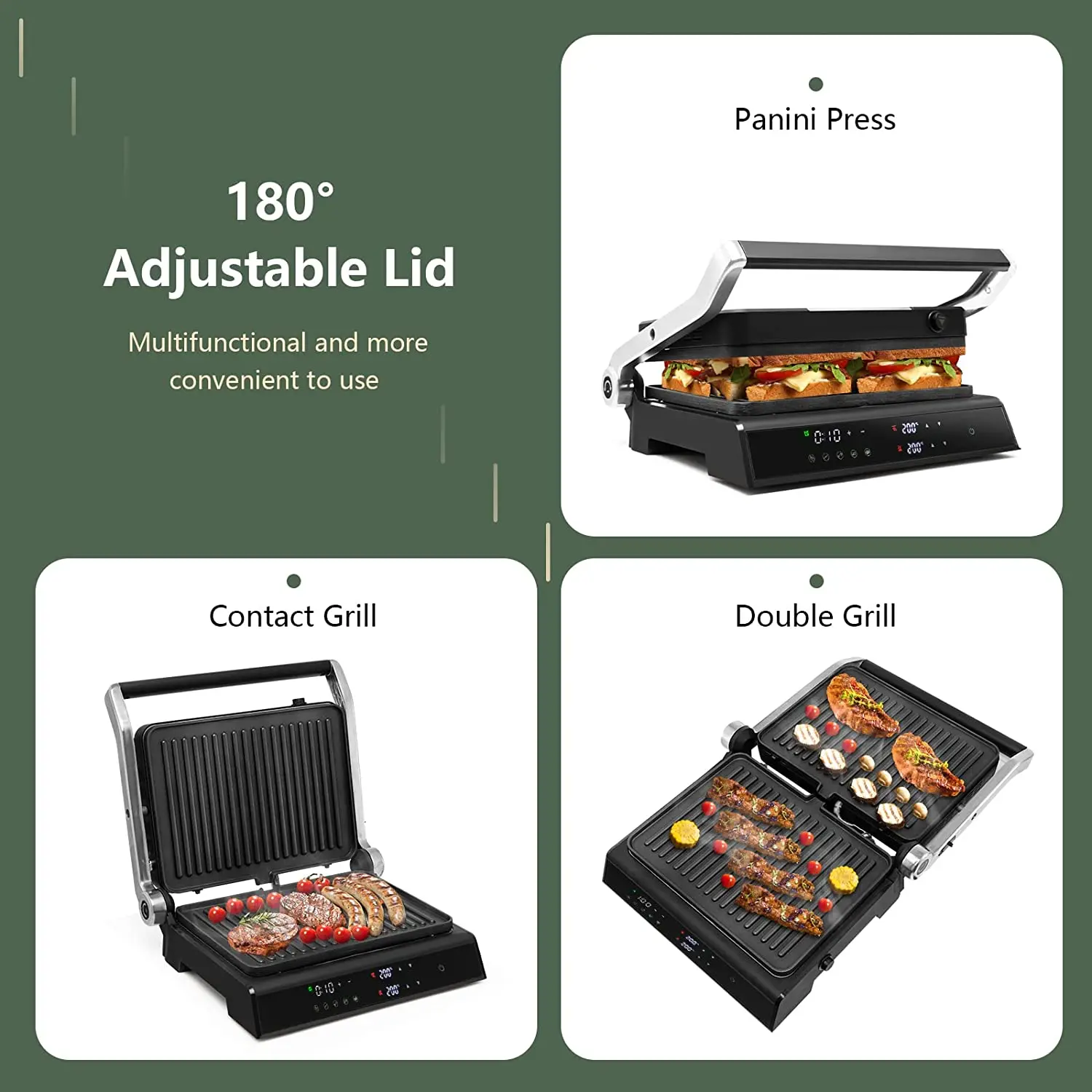 Electric Grill with Digital Control Sandwich Press Panini Maker Sandwich Toaster 3 in 1 Contact Grill Toaster Indoor Grill
