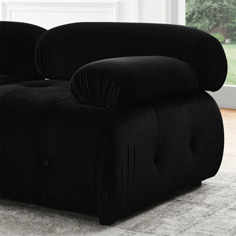 Dongguan Factory Velvet Button Tufted Designed Sectional Moduler Corner Biscuit Sofa Furniture with Chaise Reversible Ottaman