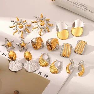 MW 18K Gold Plated Hypoallergenic Stainless Steel Women's Earrings Hammered Geometric Earrings Mixed Color Fashion Jewelry