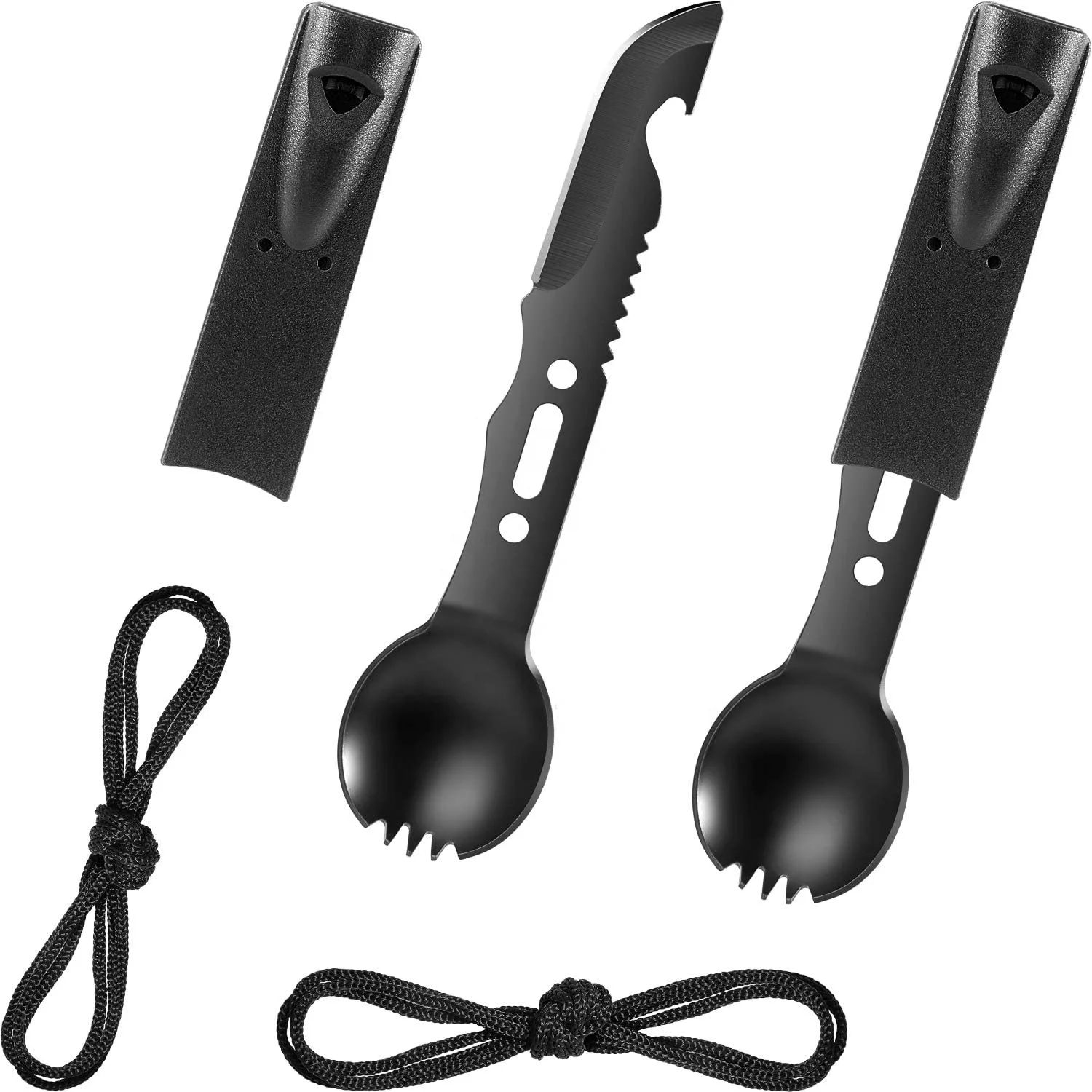Kongbo Stainless Steel Functional Camping Spoon Fork Flatware 7 in 1 Multi-Use Survival Spork With Bottle Open and Whistle