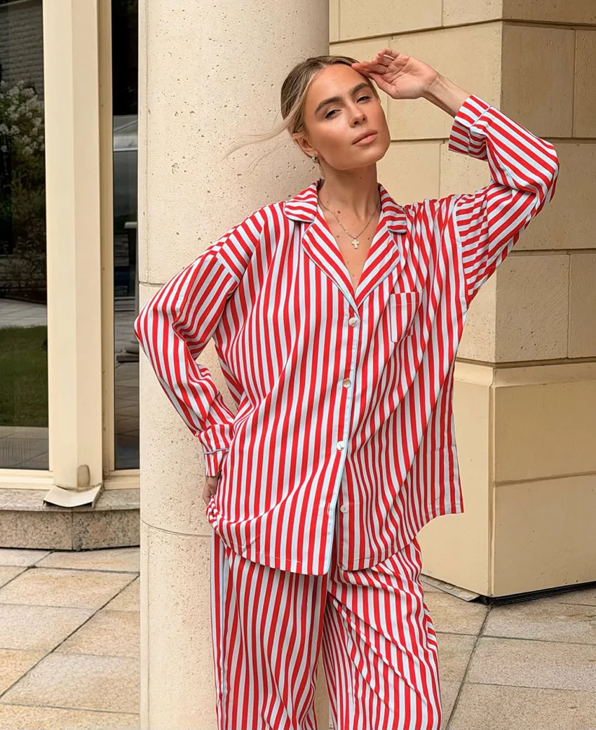 Christmas Striped Satin Pajama Set Lapel Long Sleeve Button Front Shirt Loose Pants Soft Breathable Lounge Wear — detail