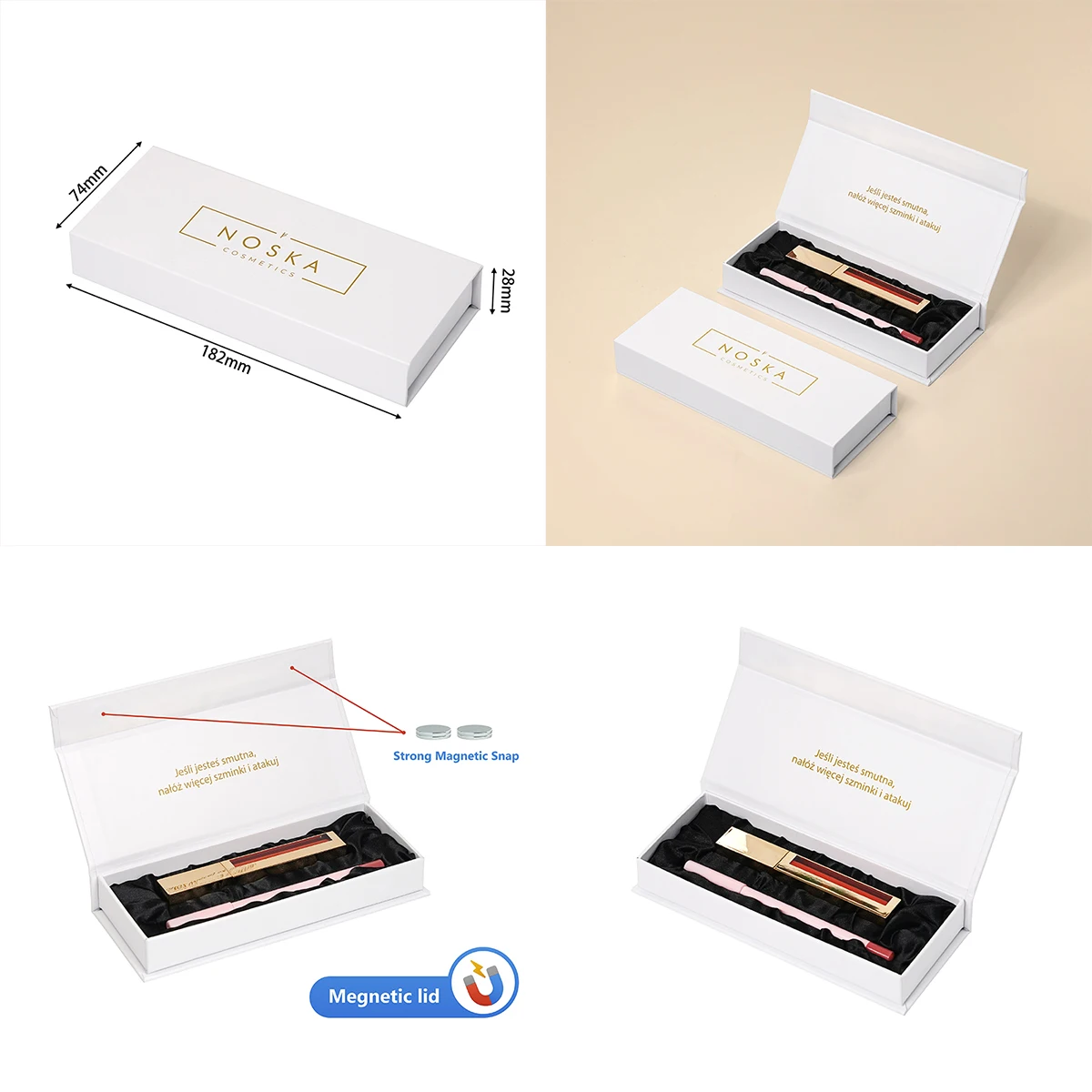 Boîte-cadeau magnétique minimaliste blanche pour rouge à lèvres, avec logo doré à chaud personnalisé et intérieur rigide en satin souple, pour baume à lèvres, maquillage et cosmétiques