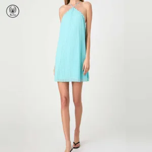 2026 New Factory Wholesale Mini Women's Dresses Sunburst Chiffon Pleated Halter Neckline Low Back Sweet Eco-Friendly Natural