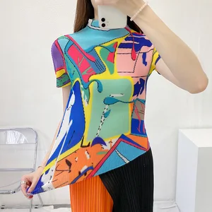 High Quality Wholesale Factory Miyake Pleated Abstract Top Women Casual Style Shirt Pleats Short Sleeve T-Shirt