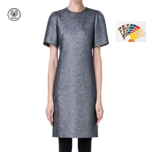 2026 Vintage Elegant Women's Short-Sleeve Shift Dress Jewel Neck Hidden Zipper Metallic Jacquard Solid Pattern for Summer Autumn