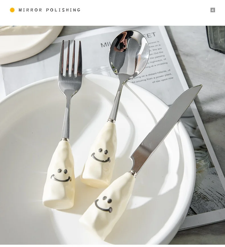 Household Smiley Cartoon Western Food Spoon Fork Knife Modern 304 Stainless Steel Short Handle Cutlery Set