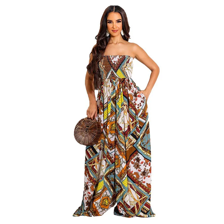 New Color Pattern Casual Wrapped Chest Loose Trousers Women Jumpsuit