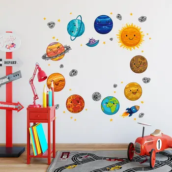 Cartoon Space Planets Astronaut Wall Stickers For Kids Room Living Room ...