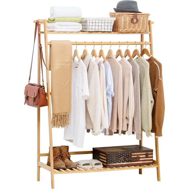 Bamboo Garment Coat Clothes Hanging Heavy Duty Rack with top Shelf and Shoe Clothing Storage Organizer Shelves