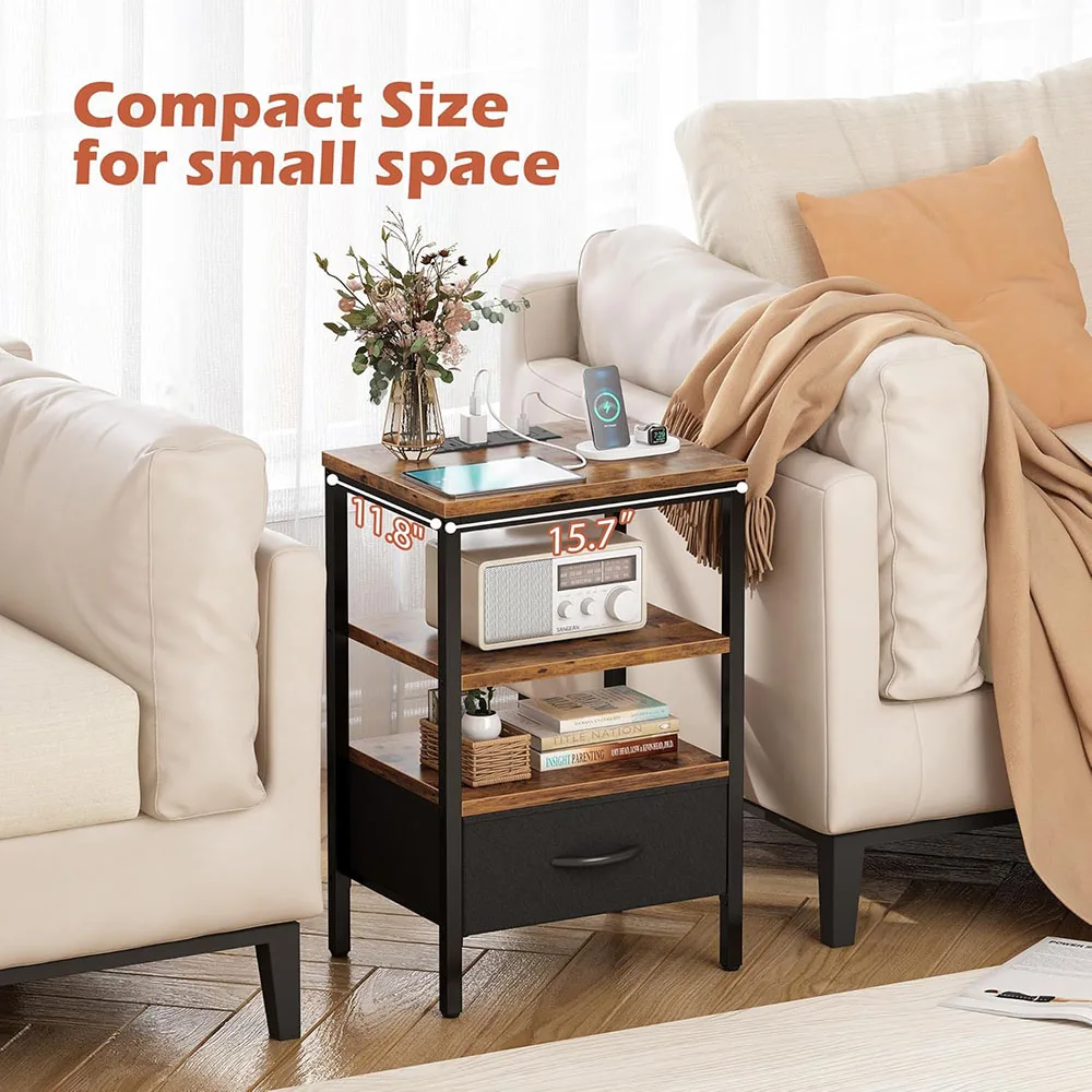 Modern 3-Tier Storage End Table Adjustable Fabric Drawer Nightstand Charging Station for Bedroom Home Use manufacture