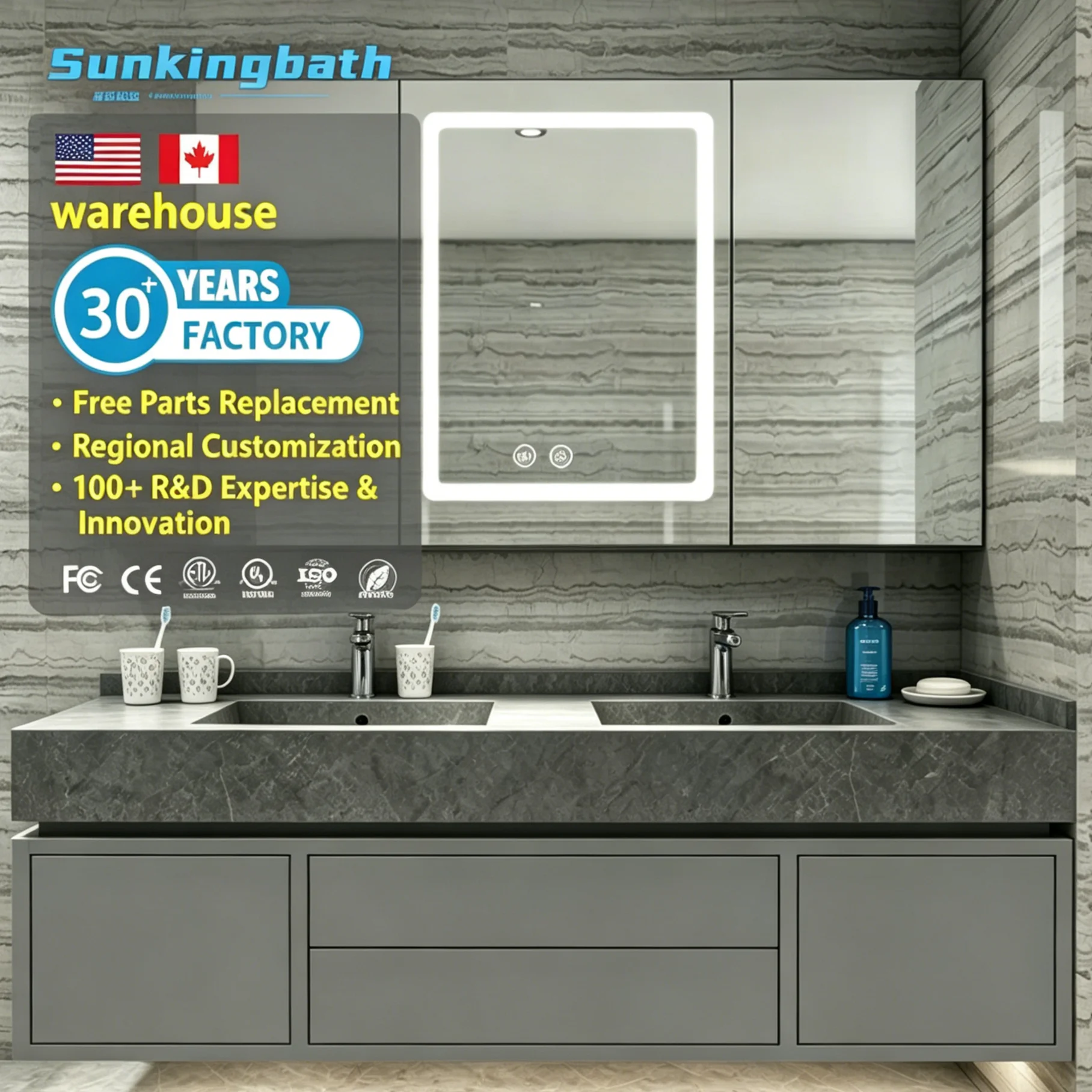 Luxury American Style Aluminium Bathroom Cabinet Led Bathroom Vanity Cabinet With LED Mirror for Apartment Sale