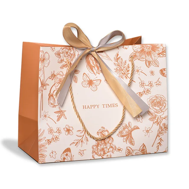 Luxury Golden Flower Gift Bag HAPPY TIMES White Cardboard Packaging Paper Bag Fashionable Shopping Gift Bag with Ribbon