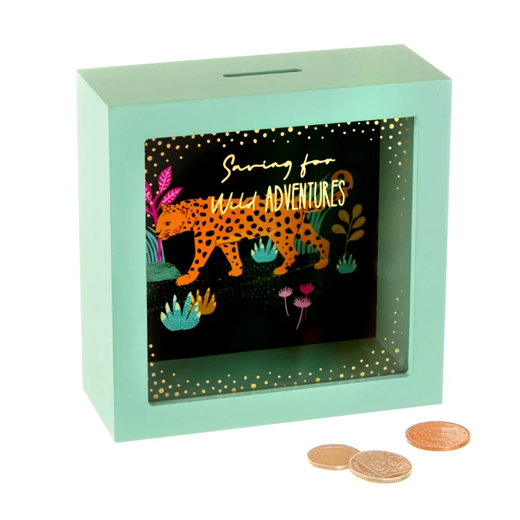 Customized 3D Shadow Box Frame Plain Printed Wood Glass Money Bank Saving Box with Piggy Home Decor and Storage Usage