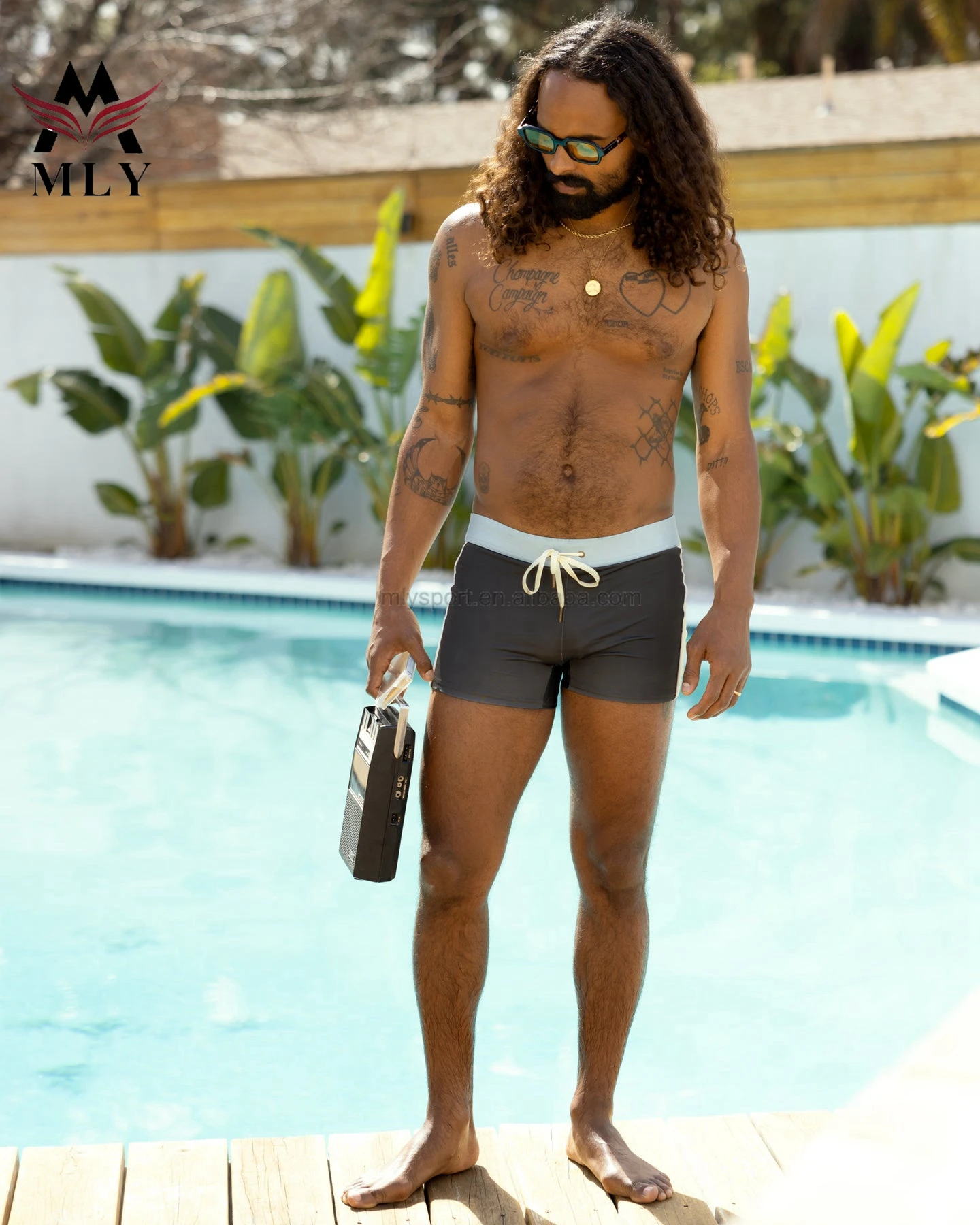 Men's New Style Square Cut Swim Brief Printed Nylon Beach Shorts