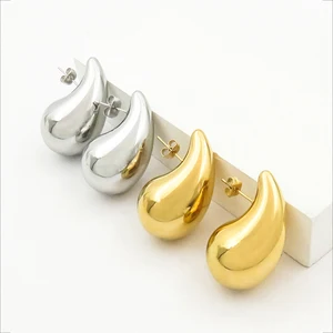 18K Gold Plated Polished Oversized Water Drop Stud Earrings Vintage Style Fine Stainless Steel Staggered Huggie Earrings