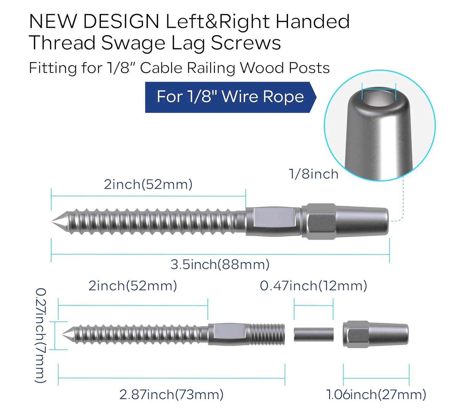 Heavy-Duty Adjustable Left & Right Handed Thread Stainless Steel 316 Swage Lag Screw for Cable Railing
