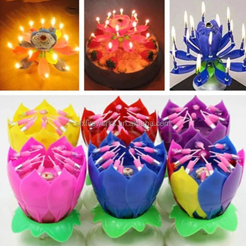 Incredible Happy Cake Party Colored Magic Sparkler Number Rainbow Rotating Musical Lotus Flower Music Birthday Candle