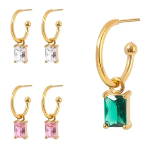 Luxury Retro 18K Gold Plated Stainless Steel Drop Earrings for Women Green Zircon Studded Square Pendant