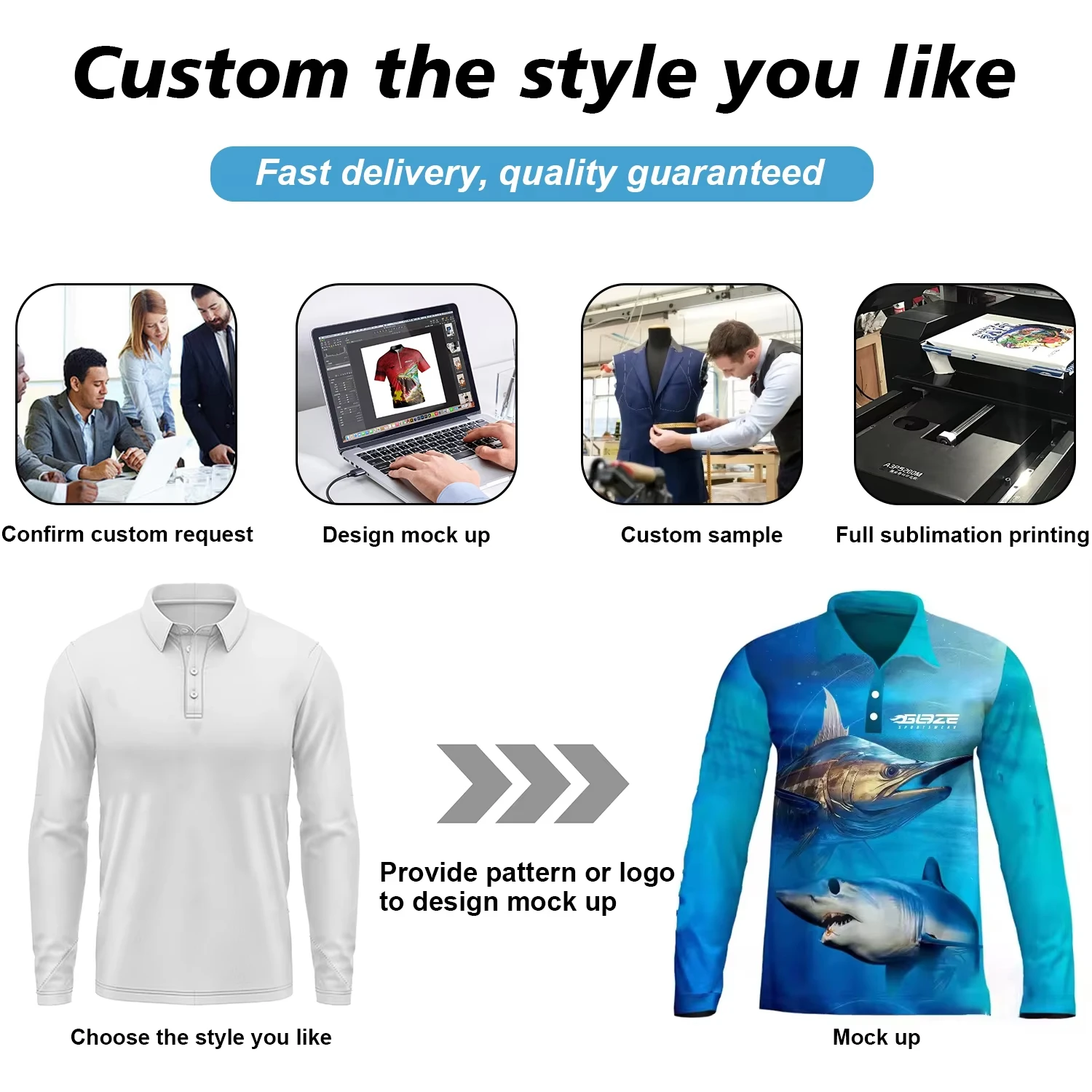 Custom Logo Sublimation Printing Men UPF50+ Sun Performance Quick Dry UV Protection With Hood Long Sleeve Hoodie Fishing Shirts