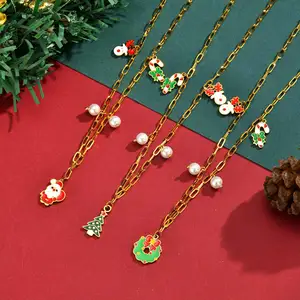 Christmas Necklace for Women Santa Claus Tree Deer Pendant Gold Plated Cute Holiday Fashion Jewelry Gift Wholesale
