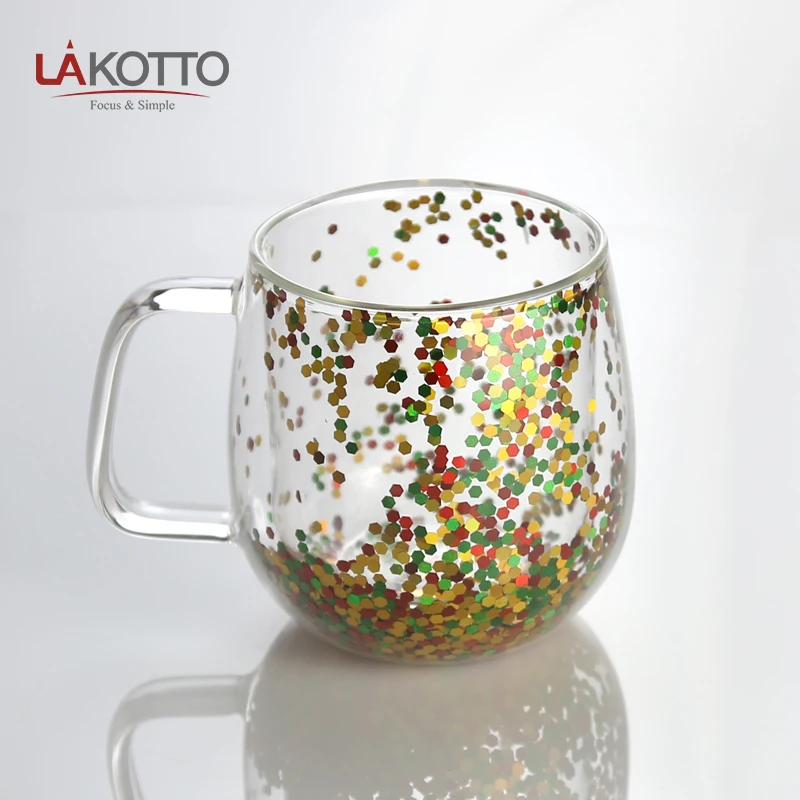 Free Sample Glassware Custom Logo High Borosilicate Double Wall Glass Cup Double Wall Glass Coffee Cup with Glitter