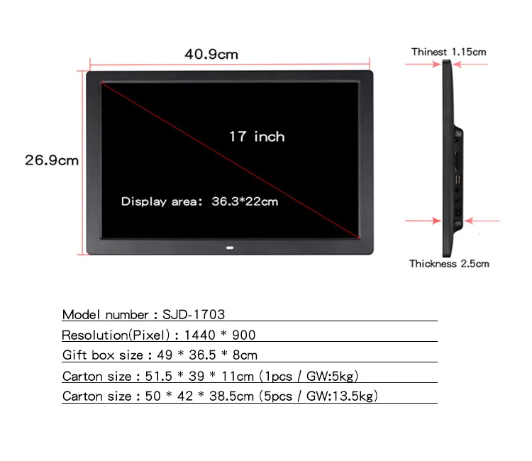 17 дюймов цифровая фоторамка, большая цифровая фоторамка широкий ЖК-экран с 1440*900 высоким разрешением для рекламы