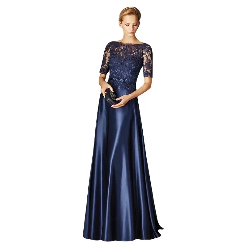 Vestidos De Satén De Media Manga Para Madre De La Novia,Azul Marino,Con  Apliques,Largo,Para Boda,2021 - Buy La Mitad De Mangas Vestidos De Noche De  Satén De Noche Vestido Apliques Largo Novio,De Madrina,Vestidos