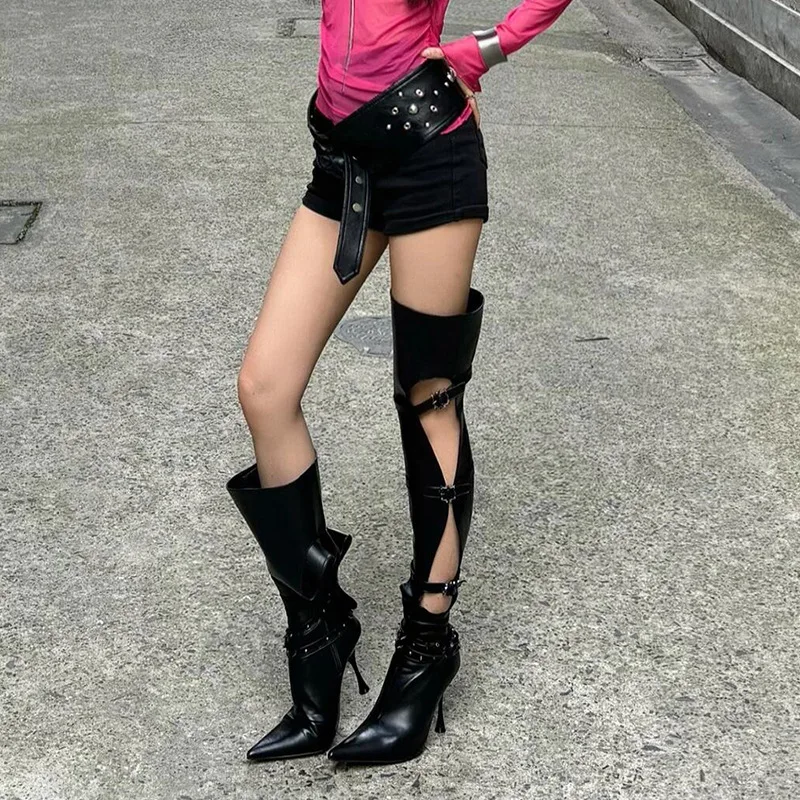 2024 New Style Ladies Leather Knee High Pointed Toe Knight Sandals Hollow Boots High Heel Boots Women Shoes Knee-high - Image 6