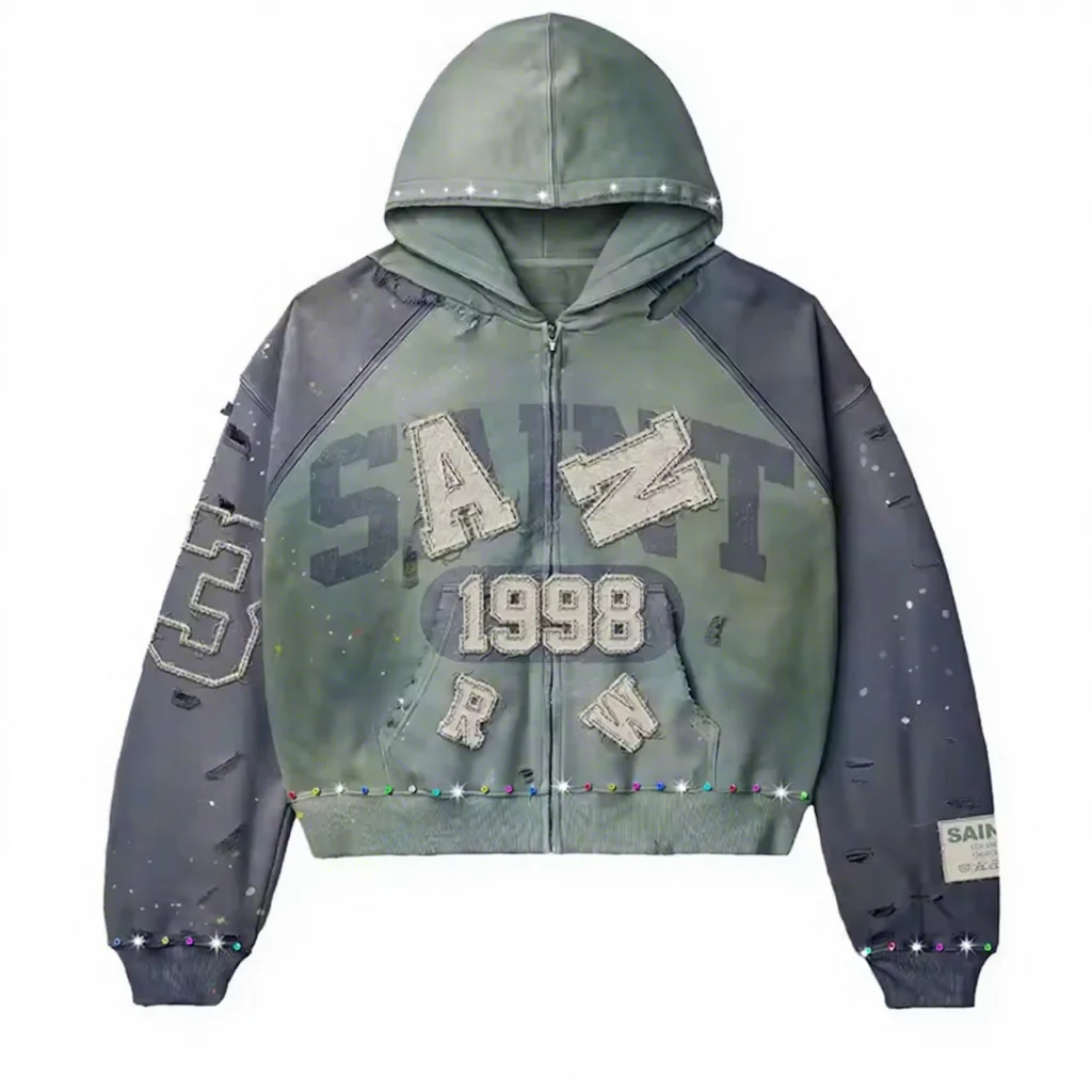 Custom Logo Vintage Zip Distressed Heavyweight Thick Patch Oversized Hoodies Fashion Acid Washed Embroidered 100% Cotton Winter