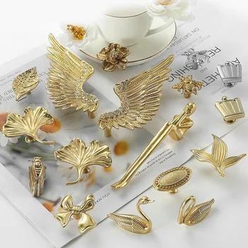 Hot sale creative gold chrome silver flower bow bee swan wing animal ginkgo leaf furniture knob brass cabinet pulls handle