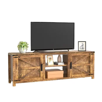 Modern Rustic Brown Wooden TV Stand cabinet with Sliding Barn Door and Storage Cabinets Panel Style for Home or Office