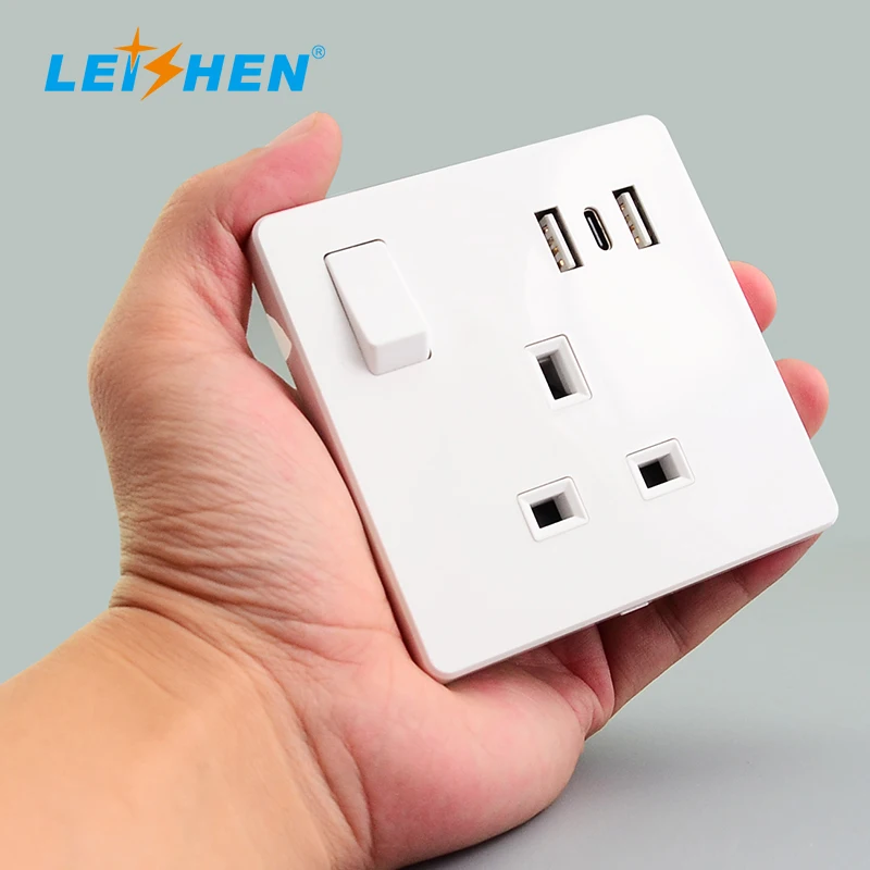 Twin USB One Type C Wall Power UK Socket Plug Grounded British Standard Electrical Single Outlet Switch BS Wall Socket Usb Ports