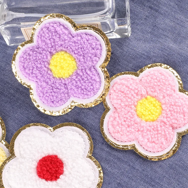 Promotional Rhinestone Pearl Cute Glitter Kawaii Woven Patch Beads Sequins Iron on Flower Embroidery Patches for Clothes