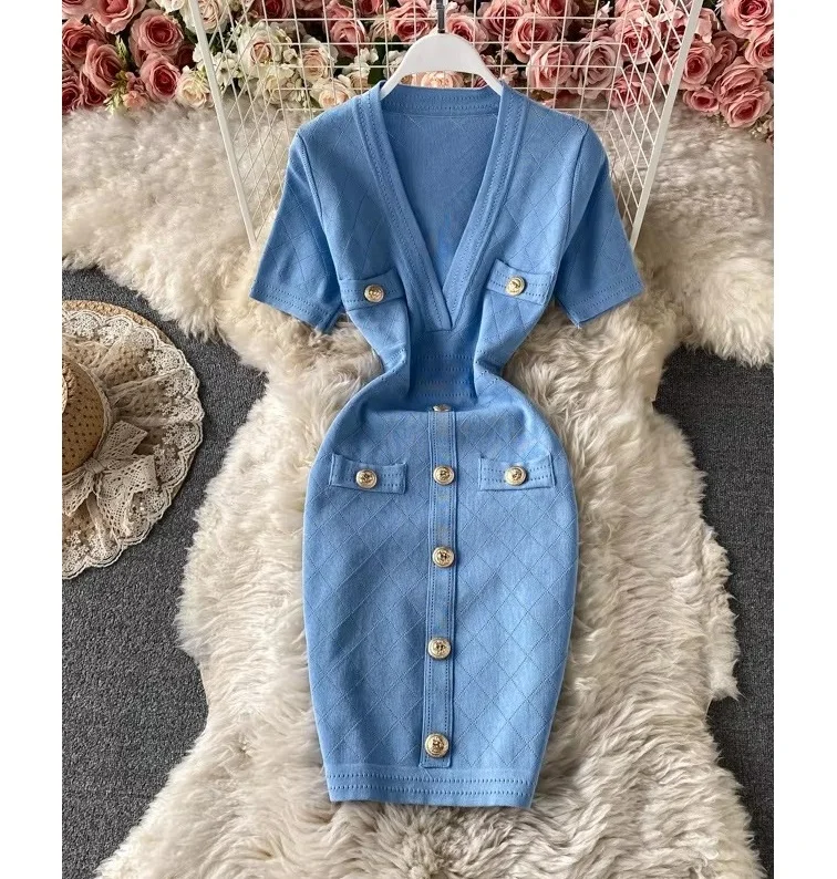 Wholesale V Neck Short Sleeved Knit Jersey Bodycon Dress Women Slim Casual  Summer Dresses Vestido