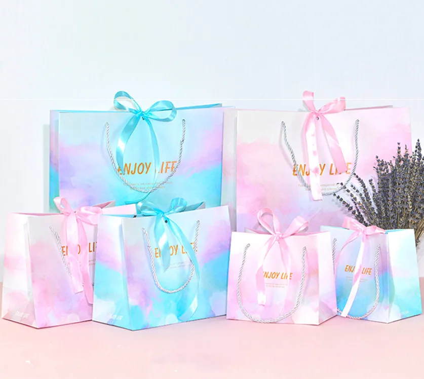 Private Label Pink And Blue Gradient Gift Paper Bag With Ribbon Closure -  Buy Custom Logo Fantasy Gift Paper Bag For Wedding,Gift Paper Bag,Luxury  Gift Paper Bag With Bowknot Product On Alibaba.Com