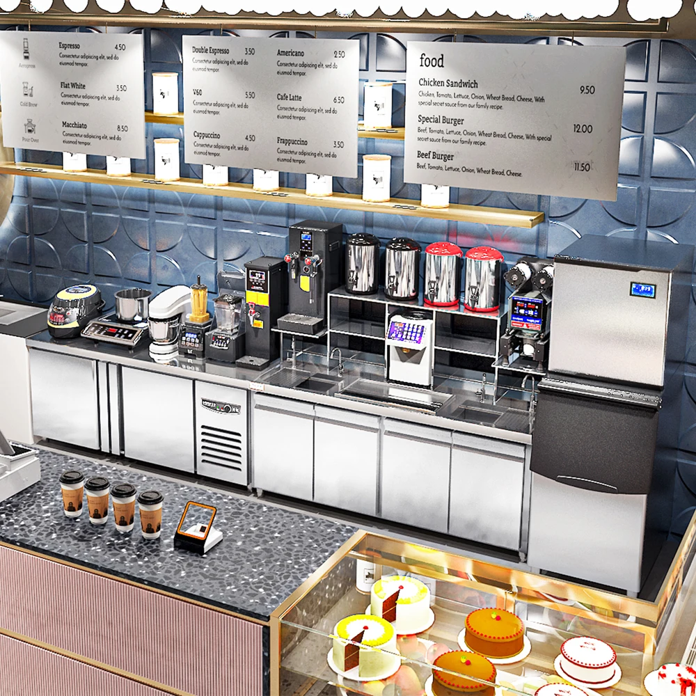 HENGZHI Factory Outlet Customizable All Set Bubble Tea Equipment Milk Tea Shop Counter Bubble Tea Counter with 3D Design Layout