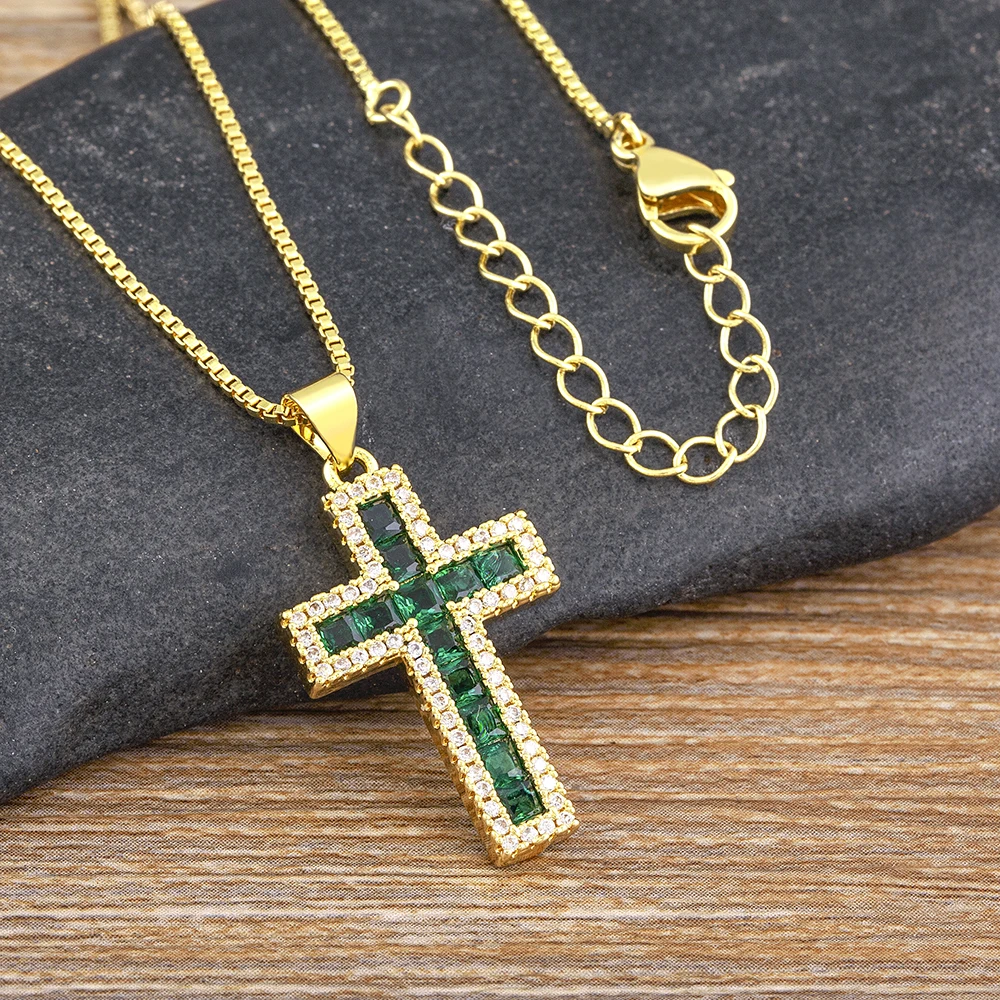 QIKU 6 Colors Rhinestone Cross Shape Pendant Necklace Copper Zircon Chain Choker Religious Pray Jewelry Women Gift Dropshipping