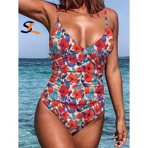 Manufacturer Custom New Sexy Print Retro Wrap One Piece Bikini Beachwear V Neck Swimsuit Women Pleated Swimwear Monokini