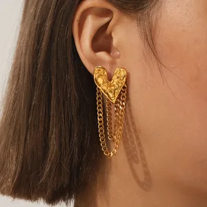MW Fashion Women's Trendy 18K Gold Plated Waterproof Stainless Steel Karst Heart Tassel Chain Drop Earrings for Party Occasions