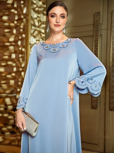 Sky blue fashion elegant office ladies collection formal evening dress Islamic women wedding dresses - Image 4