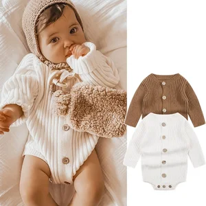 Autumn Solid Color 100% Cotton Soft Newborn Plain Long Sleeve Button Cotton Jumpsuit Baby Knit Romper