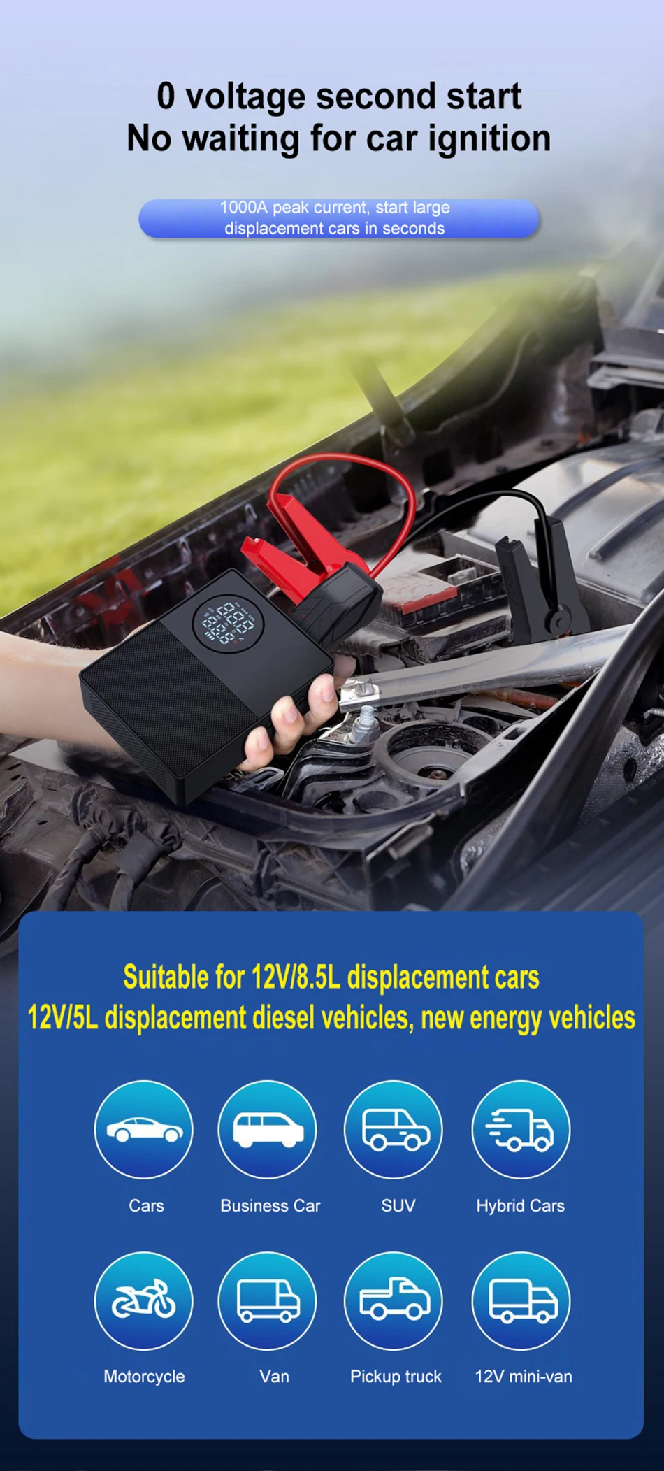 2023 New 8800mah Super Capacitor Battery Jumper Portable Booster Car Jump Starter With Tire