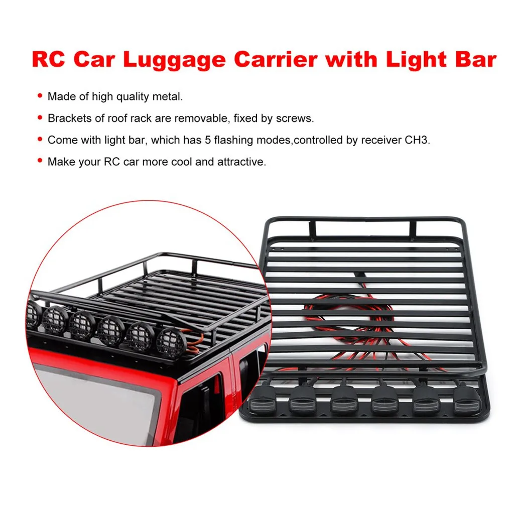 Metal Roof Rack with 4 LED Lights for 1:10 RC Rock Crawler SCX10II 90046 90047 SCX10 D90 Wrangler Trx4 Luggage Rack
